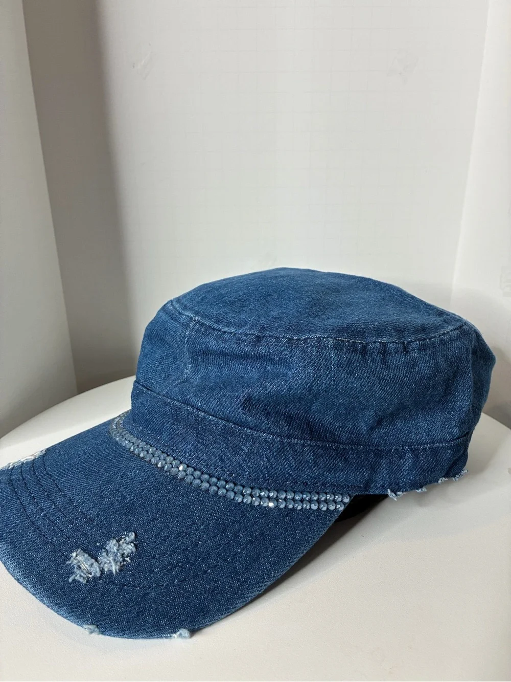 Denim Blue Women's Cadet Cap with Rhinestone Trim